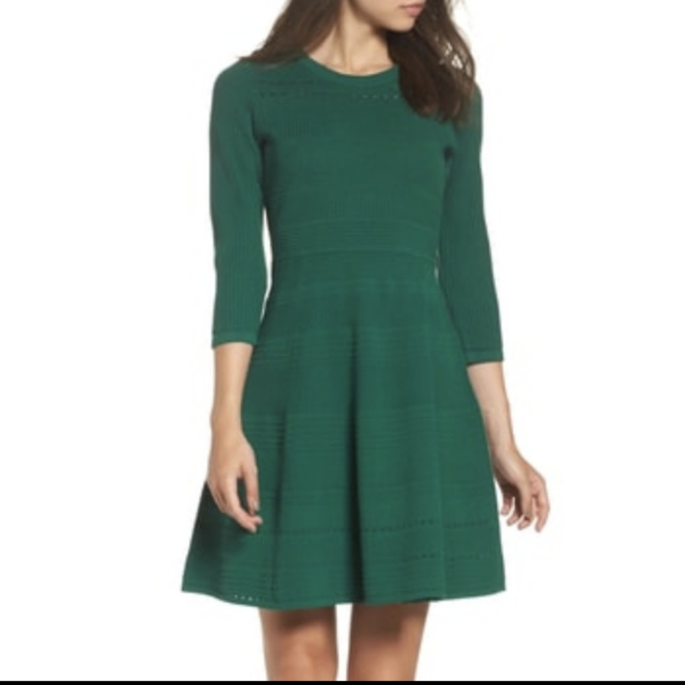 Eliza J Knit Fit Flare Emerald Green Sweater Eyelet Mini Dress